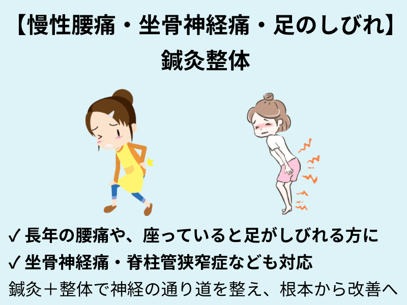 慢性腰痛・坐骨神経痛・足のしびれ 鍼灸整体