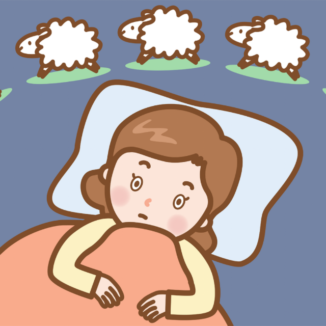 不眠で悩む女性のイラスト（睡眠中に目が覚める様子）