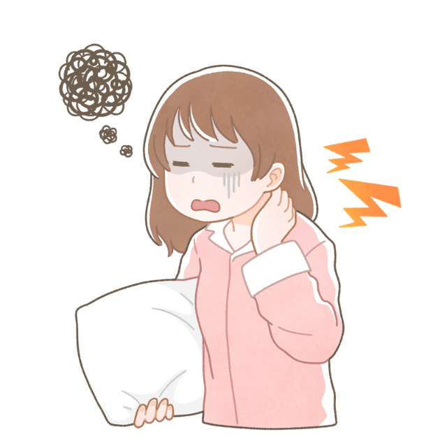 寝違えで首を押さえて痛がる女性のイラスト（40代女性の症例紹介・健美堂）